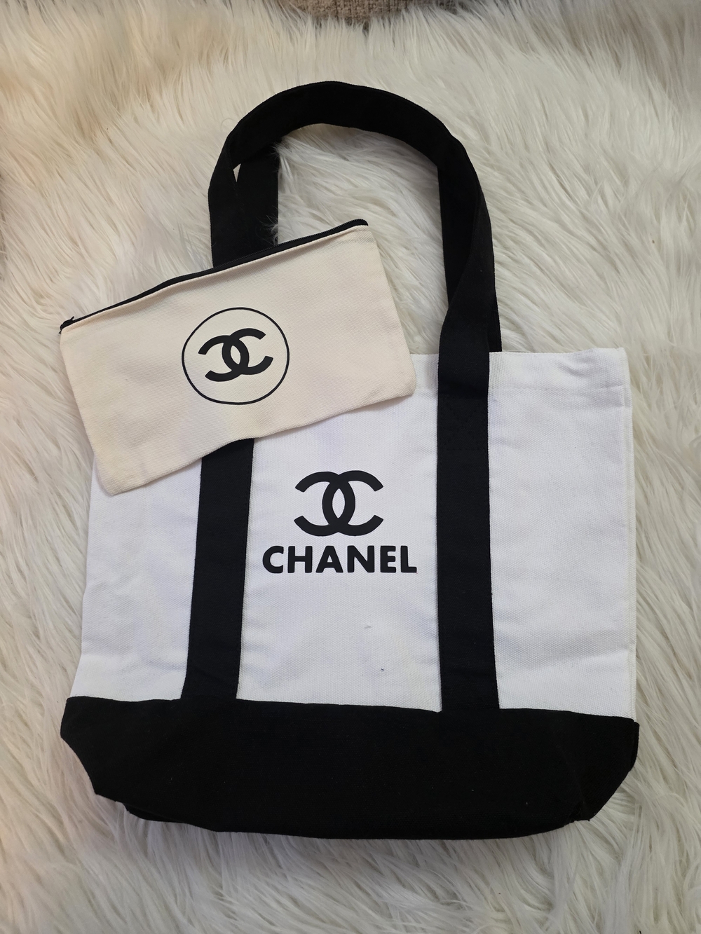 White and Black Canvas Tote with Pouch — 2 Pieces - Picture 2 of 10